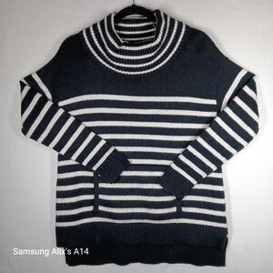 Charter Club Womens Turtleneck‎ Sweater Petite Large Black White Stripe Nautical